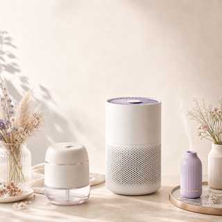 Modern air treatment appliance in a calm premium home setting